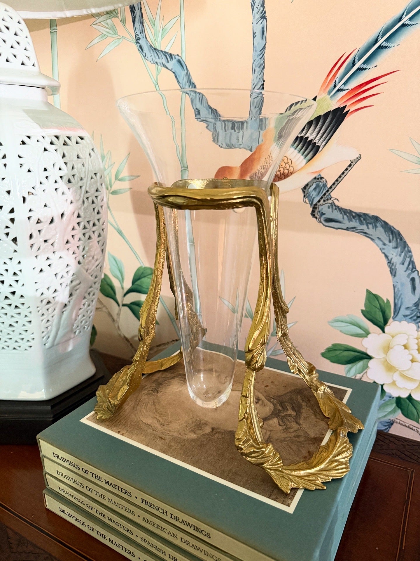 Vintage Neoclassical Brass & Fluted Glass Vase