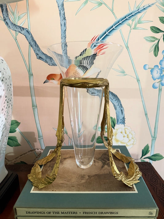 Vintage Neoclassical Brass & Fluted Glass Vase